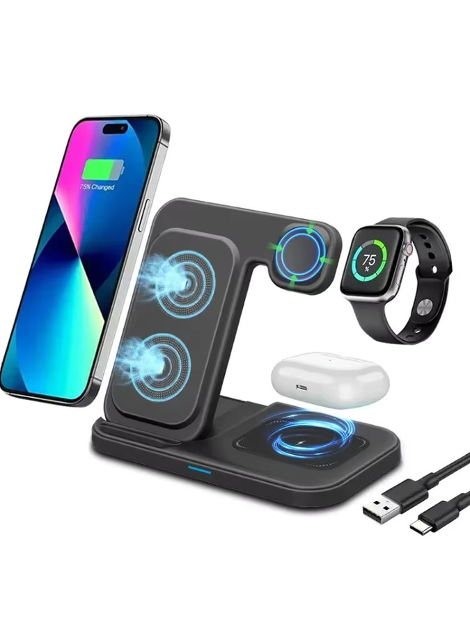 XIKCU 3-in-1 Wireless Ladegerät faltbares Schnelllade-Dock für iPhone, iWatch und AirPods in Schwarz oder Weiß - Bild 7