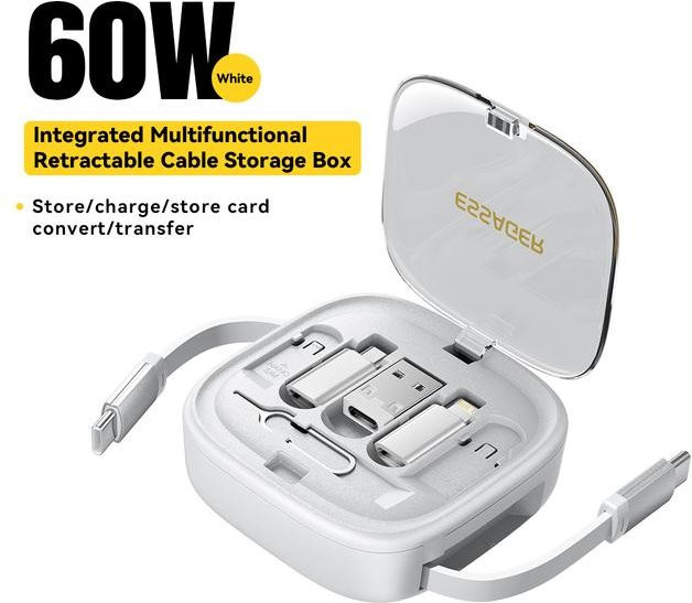 Essager 60W Schnellladegerät mit USB-C, Micro-USB und Lightning Kabeln in einer multifunktionalen Reiseaufbewahrungsbox mit Telefonhalter, Farbe: Weiß - Bild 1
