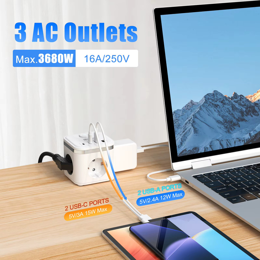 HITRENDS 7-in-1 Multifunktionale Desktop-Ladebuchse mit 3 AC und 4 USB Schnellladegerät in Weiß mit 2m Verlängerungskabel - Bild 3