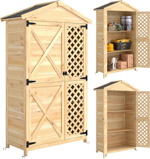 Outsunny Gartenschrank aus Fichtenholz in Holzfarbe mit Umkippschutz-Kit, Außengerätehaus mit belüfteten Türen, abnehmbaren Regalen und geneigtem Asphaltdach, H x B x T: 176 x 101,5 x 49 cm - Bild 1