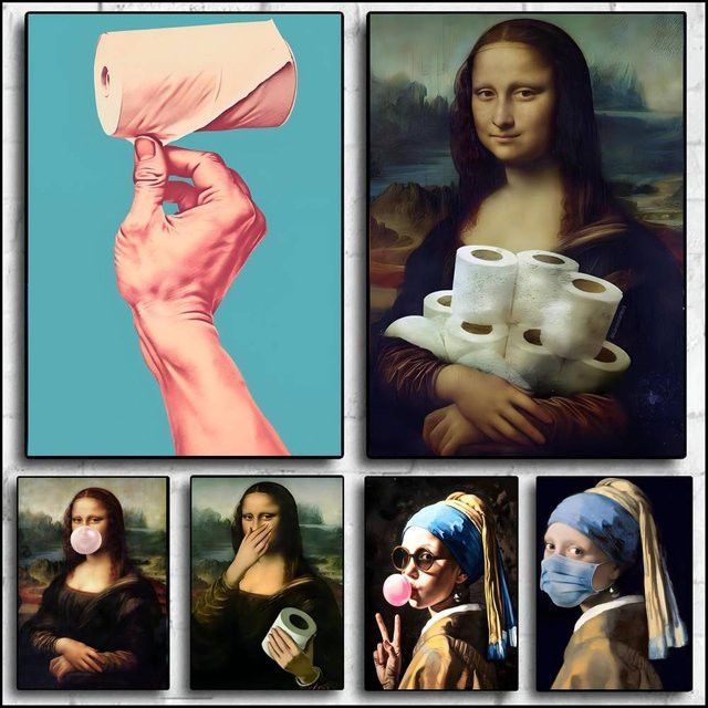 Wasserfester selbstklebender Wandaufkleber Mona Lisa mit Perlen und Toilettenpapier für das Badezimmer - Bild 1