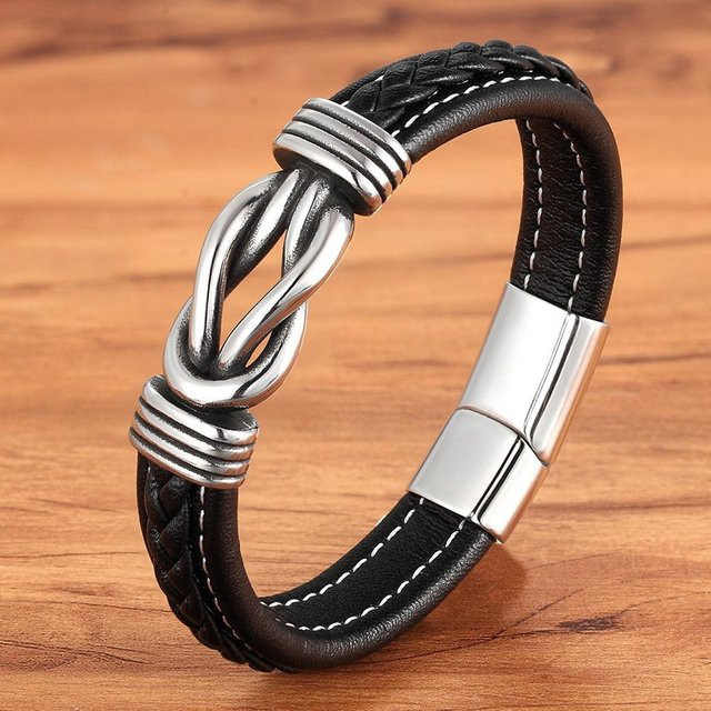 Herren-Armband Edelstahl, geflochtenes Leder, schwarz, 21 cm - Bild 1