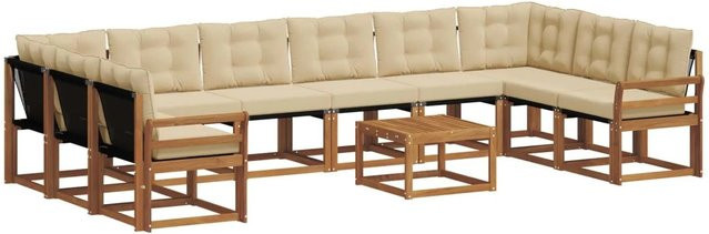 vidaXL Outdoor-Sofagarnitur 11-tlg. aus massivem Akazienholz mit Textilene und Kissen in Natur-Beige - Bild 1