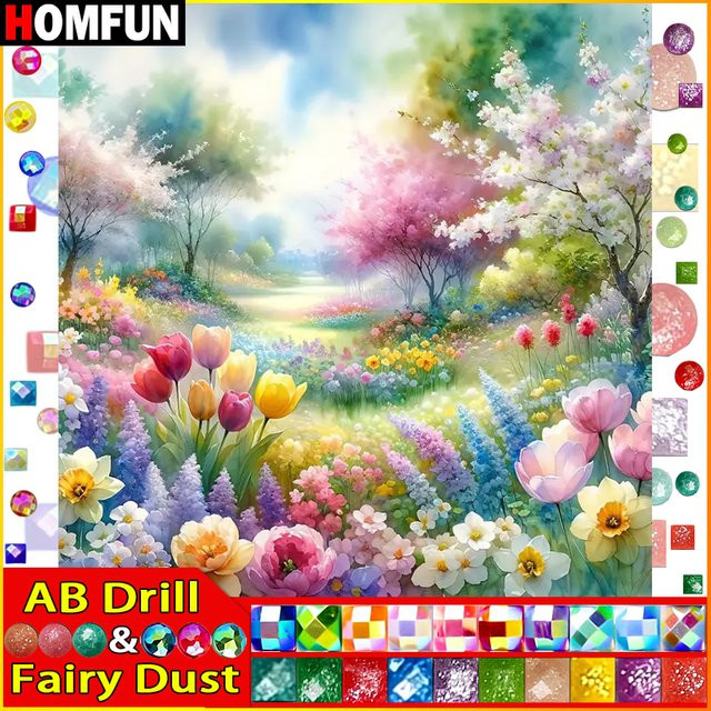 HOMFUN Fairy Dust AB Diamantgemälde Landschaft mit Baum und Blumen als 5D DIY Diamant Stickerei in Mehrfarbig - Bild 1
