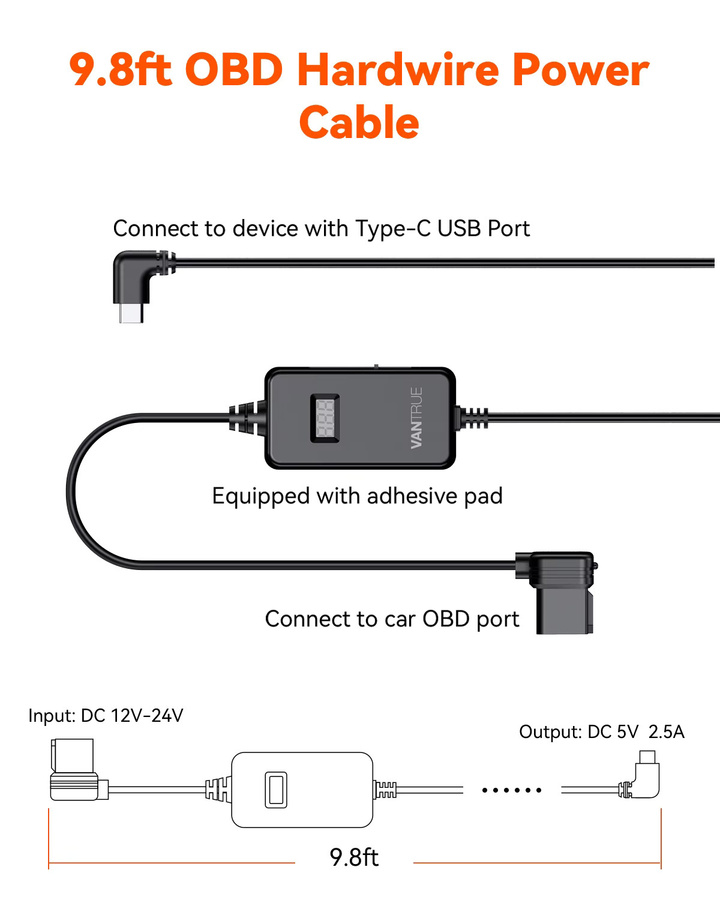 Vantrue USB-C OBD Hardwire Stromkabel mit LED-Display und Niederspannungsschutz für den Parkmodus, Schwarz, 3 Meter - Bild 2