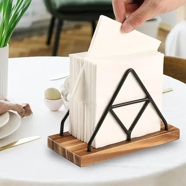 Dreieckiger Serviettenhalter aus Holz und Metall in Braun für die Küche und den Tisch - Bild 1