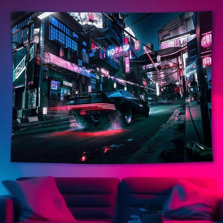 Cyberpunk-Stadt-Wandteppich mit Neonschildern und futuristischem Auto von JMG Household Supplies, Mehrfarbig, Breite: 150 cm, Höhe: 100 cm