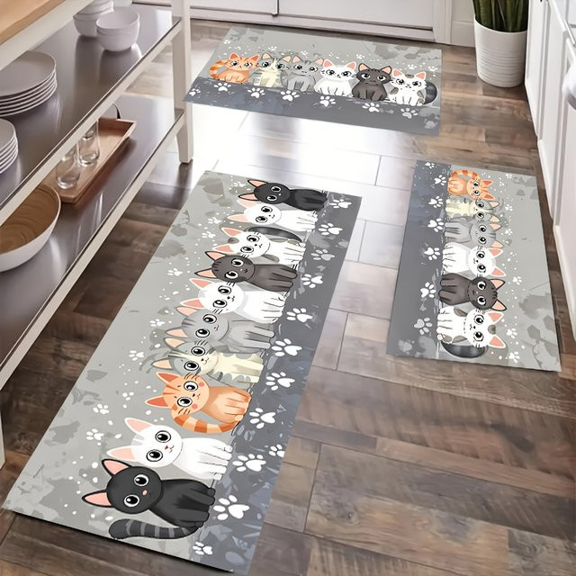 VIKAMA Küchenmatte mit Cartoon-Katzen-Motiv, rutschfester und saugfähiger Läufer in Mehrfarbig für Kinderzimmer und Schlafzimmer - Bild 1