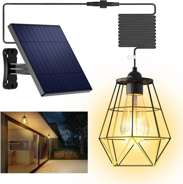 Intelamp Solar-Pendelleuchte mit 4000mAh Akku, schwarzer Metallkorb, Solar-Kronleuchter mit 5m Kabel für Garten, Hof und Pavillon - Bild 1