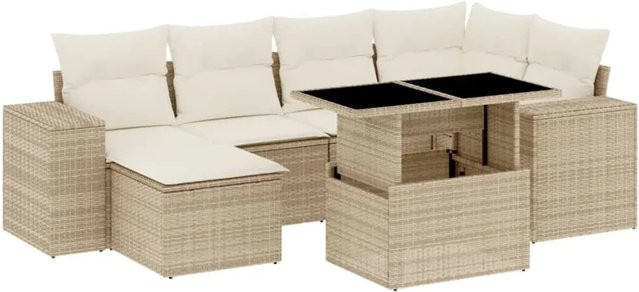 vidaXL 7-teilige Garten-Sofagarnitur in L-Form aus PE-Rattan mit Kissen in Beige-creme - Bild 1