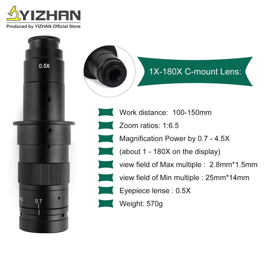 YIZHAN Mikroskop-Zoom-Objektiv mit 0,7-4,5x Vergrößerung und 180X Zoom, C-Mount-Objektiv mit 0,5x Okular für HDMI-Mikroskopkameras, Schwarz - Bild 2
