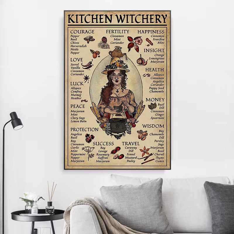 Potdemiel Vintage Halloween Hexe und Katze Leinwand Wandkunst Mehrfarbig - Bild 2