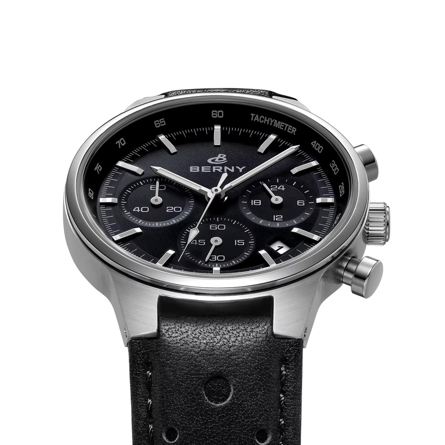 BERNY Chronograph, Quarz, Edelstahl, Leder, Schwarz, Herren - Bild 3