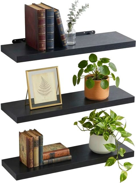 Relaxdays Wandregal 3er Set aus MDF und Eisen in Schwarz, B/T/H: 100 x 23 x 4 cm - Bild 1