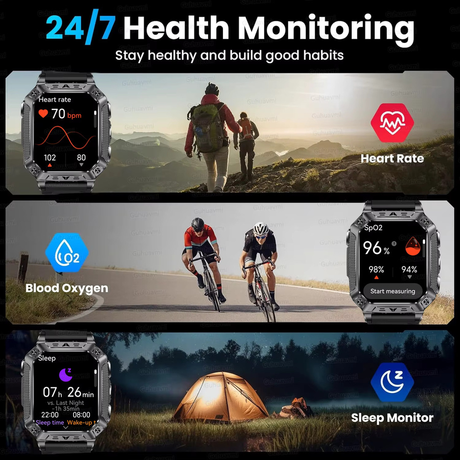 GUHUAVMI Militär Outdoor Smartwatch für Männer mit 2,01 Zoll Display, 1400 mAh Akku, 10ATM Wasserdichtigkeit und Bluetooth Anruffunktion, Schwarz - Bild 5