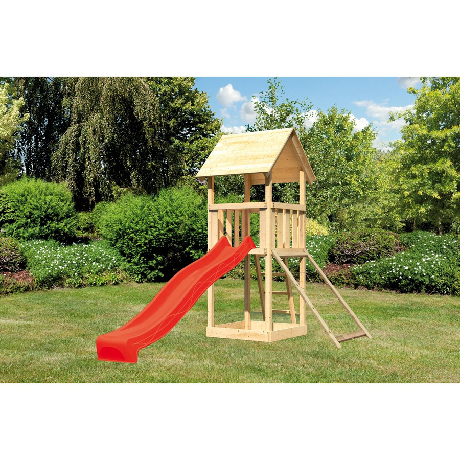 Karibu Spielturm Lotti mit Satteldach, Netzrampe und Rutsche in Rot - Bild 2