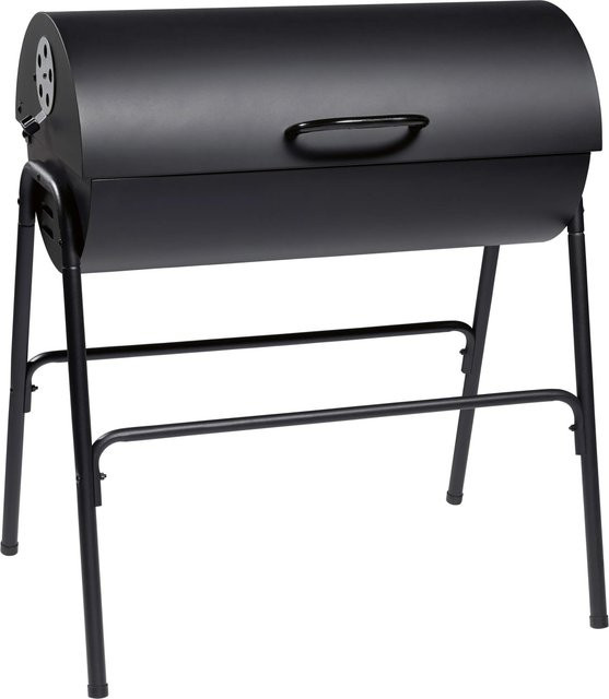 Holzkohlegrill in Fassform in Schwarz mit Deckel, Lüftungsregler und Warmhalterost, B/T/H: 90 x 83 x 57 cm - Bild 1