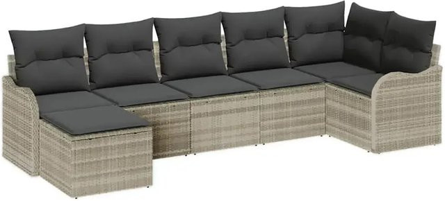 vidaXL Garten-Sofa-Set aus Polyrattan in Hellgrau, 7-teiliges L-Shape Lounge-Set mit Polsterkissen für Garten, Balkon und Terrasse - Bild 1