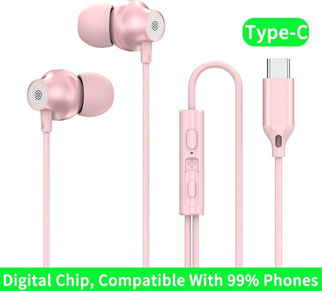 VAORLO In-Ear Kopfhörer mit Mikrofon, 9D HIFI Heavy Bass, Typ-C und 3,5mm AUX, Pink - Bild 1