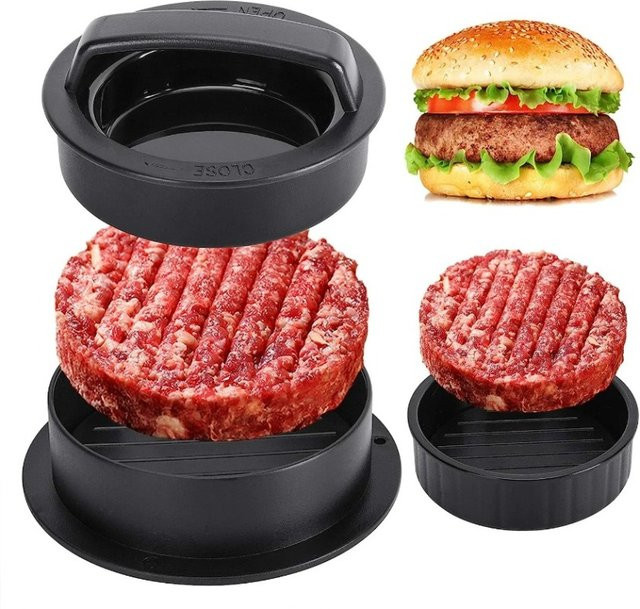 3-in-1 Hamburgerpresse aus Kunststoff für Rind-, Gemüse- und Slider-Patties, Schwarz, Rund - Bild 1