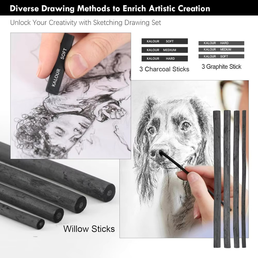 Kolorowys 39-teiliges Zeichenstift-Set mit Skizzenstiften 5H-14B, Graphit- und Kohlestiften in Schwarz-Weiß sowie Radiergummi und Pinselstift für Profis - Bild 4