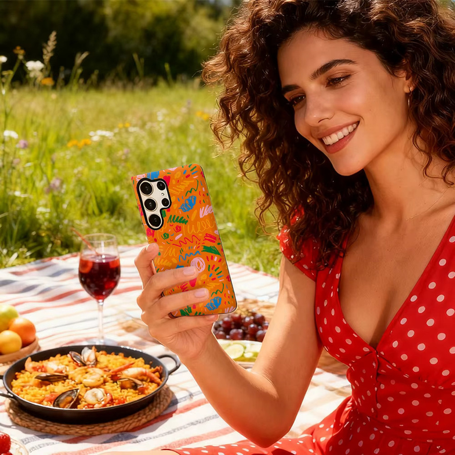 Glänzende Handyhülle mit orangefarbenem Kritzel-Design für Samsung Galaxy S25 Ultra, S24 und S23 Ultra Plus mit doppellagiger Rückseite - Bild 5