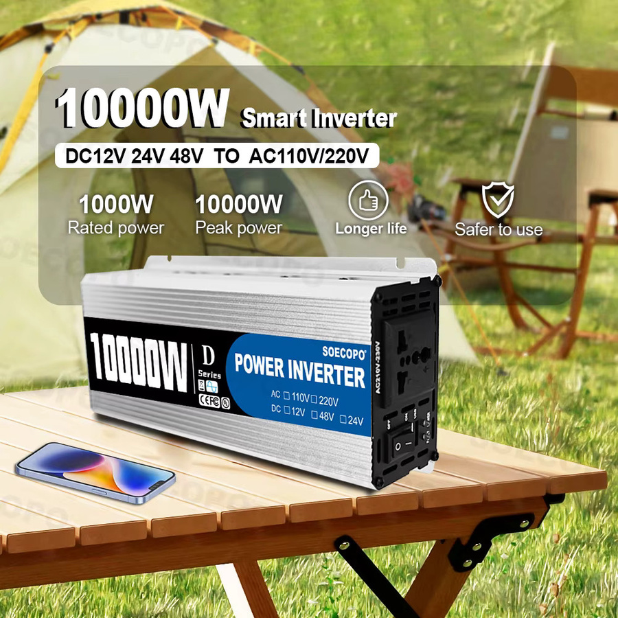 Soecopo 10000 W Spitzen-Wechselrichter DC 12 V/24 V/48 V zu AC 110 V/220 V in Silber mit USB-A und USB-C Anschlüssen, LCD-Display und intelligentem Lüfter für Wohnmobil und Camping - Bild 3