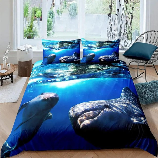 Bettwäsche-Set mit 3D-Delfin-Motiv in Blau von Your Warm Home, Polyester, B/H: 173 x 218 cm - Bild 1
