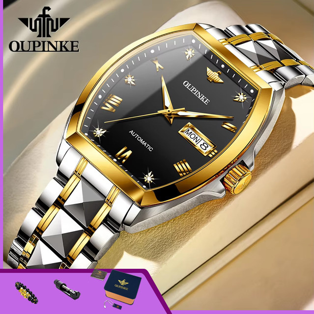 OUPINKE Armbanduhr Automatik, Edelstahl, Doppelkalender, Herren, Schwarz - Bild 1