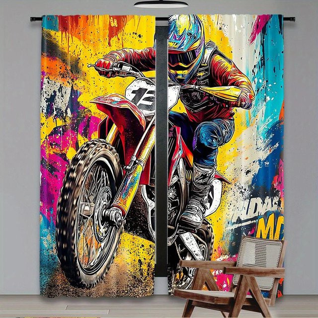 Yiran Furniture Offroad-Motorrad Vorhänge im modernen Farbblock-Design, 2er-Set, halbtransparent, B: 60 cm, H: 150 cm - Bild 1