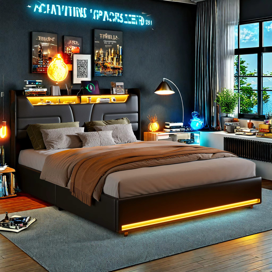 Rosahqnda Polsterbett in Schwarz mit LED-Kopfteil und hydraulischem Stauraum, B/T/H: 140 x 200 cm, modernes Jugendbett mit Metallrahmen und Kunstleder-Bezug - Bild 1