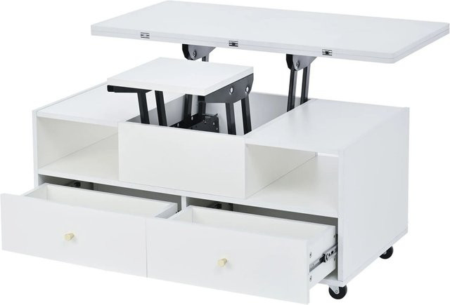 okwish Couchtisch höhenverstellbar mit Klappfunktion und Universalrollen in Weiß B: 100 cm, T: 50 cm - Bild 1