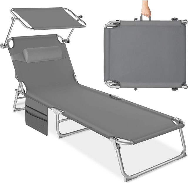 tectake Sonnenliege Chloé klappbar in Grau mit Sonnendach und verstellbarem Kopfpolster, B/T/H: 161 x 68 x 111 cm - Bild 1