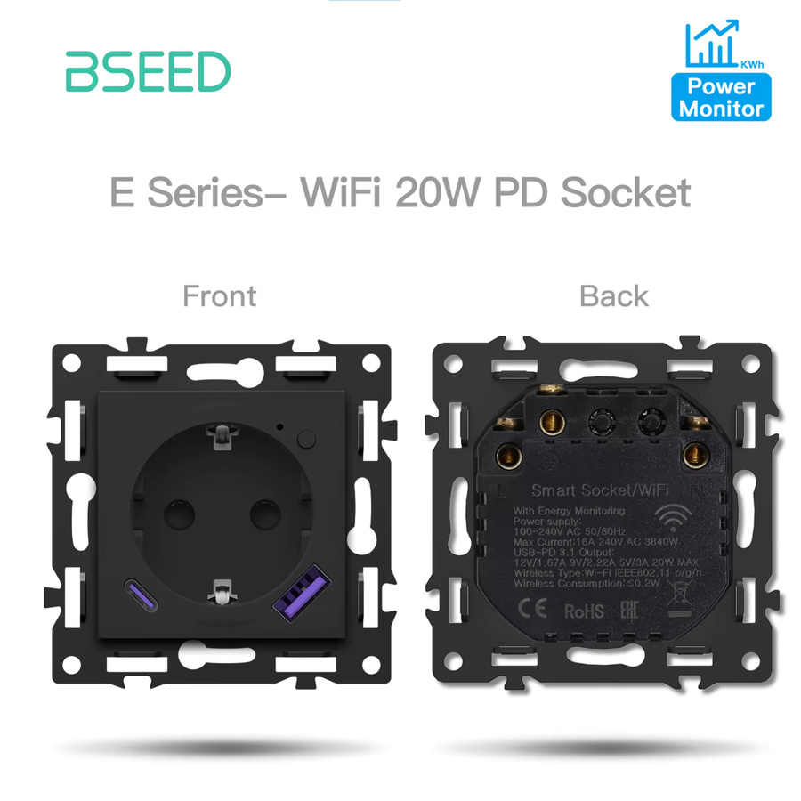 BSEED E-Serie Smart-Lichtschalter Modul für WLAN-Steuerung, Kombinations-Wandsteckdose und Rolladen-Vorhangschalter aus Kunststoff, Schwarz - Bild 3