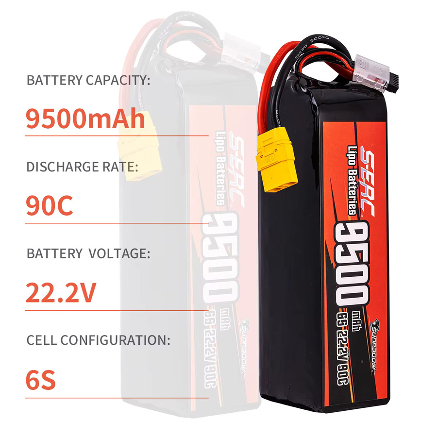 SUNPADOW 9500 mAh 6S RC Lipo Akku mit 22,2 V und 90C für RC Flugzeuge, Quadcopter, Drohnen und FPV Hubschrauber mit XT90 Anschluss - Bild 2