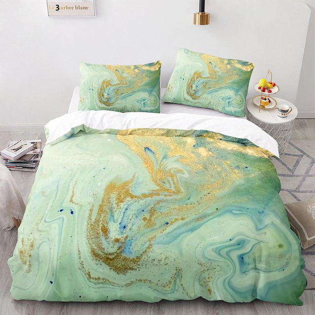 Bettwäsche-Set mit abstraktem Marmormuster in Weiß, Gold und Grün von Binchi Outdoor Product, Material Polyester, B/H: 264 x 228 cm - Bild 1