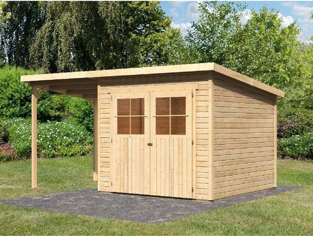 Karibu Gartenhaus Glücksberg mit Anbaudach in Natur/Braun, Wandstärke 19 mm, B/T/H: 439 x 236 x 220 cm - Bild 1
