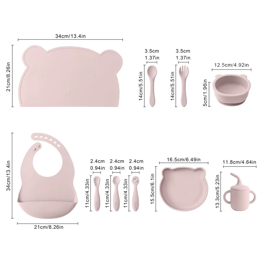 8-teiliges Silikon Baby Fütterungsset mit verstellbaren Lätzchen und Cartoon Bär Design in Pink und Sandfarben - Bild 2