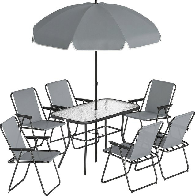 Outsunny Gartenmöbel Set 8-teilig in Grau mit Glastisch und Sonnenschirm mit Wasserwellenmuster für Garten und Terrasse, Tisch B: 119 cm, T: 68 cm - Bild 1