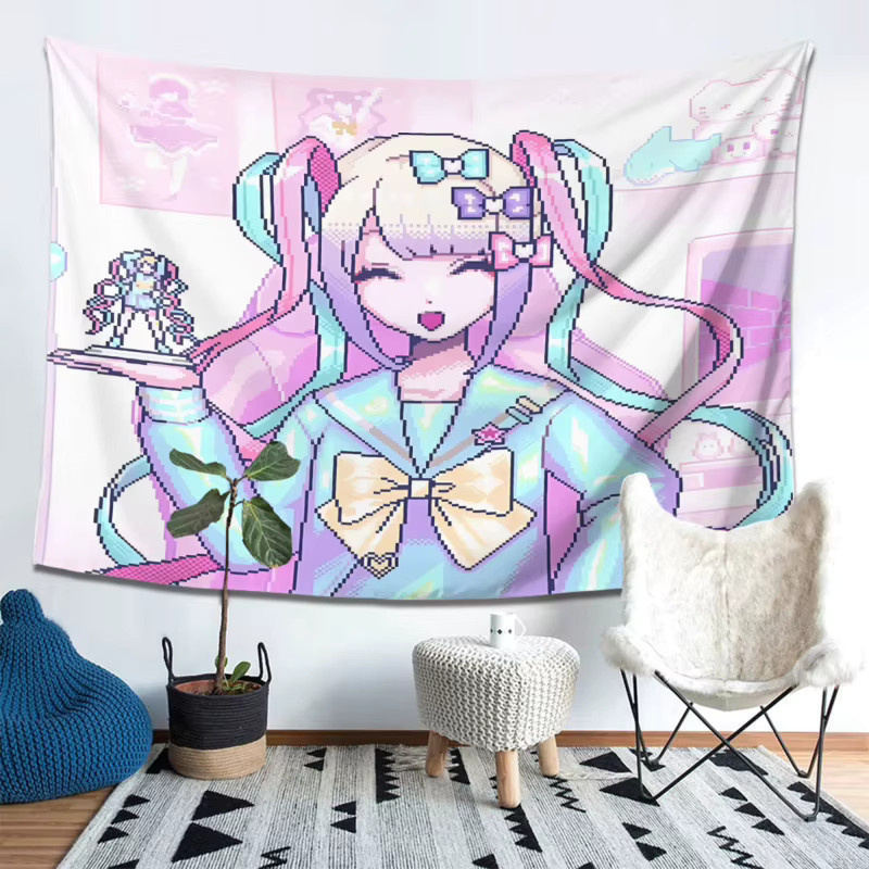VIKAMA Pixel-Style Super Girl Wandteppich in Rosa und Lila als Anime Raumdekoration - Bild 2