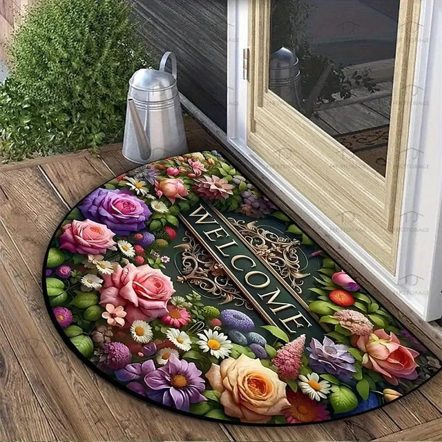 VIKAMA Halbrunder Blumen-Flanell-Teppich in Multicolour, weiche und rutschfeste Matte für Innen und Außen - Bild 1