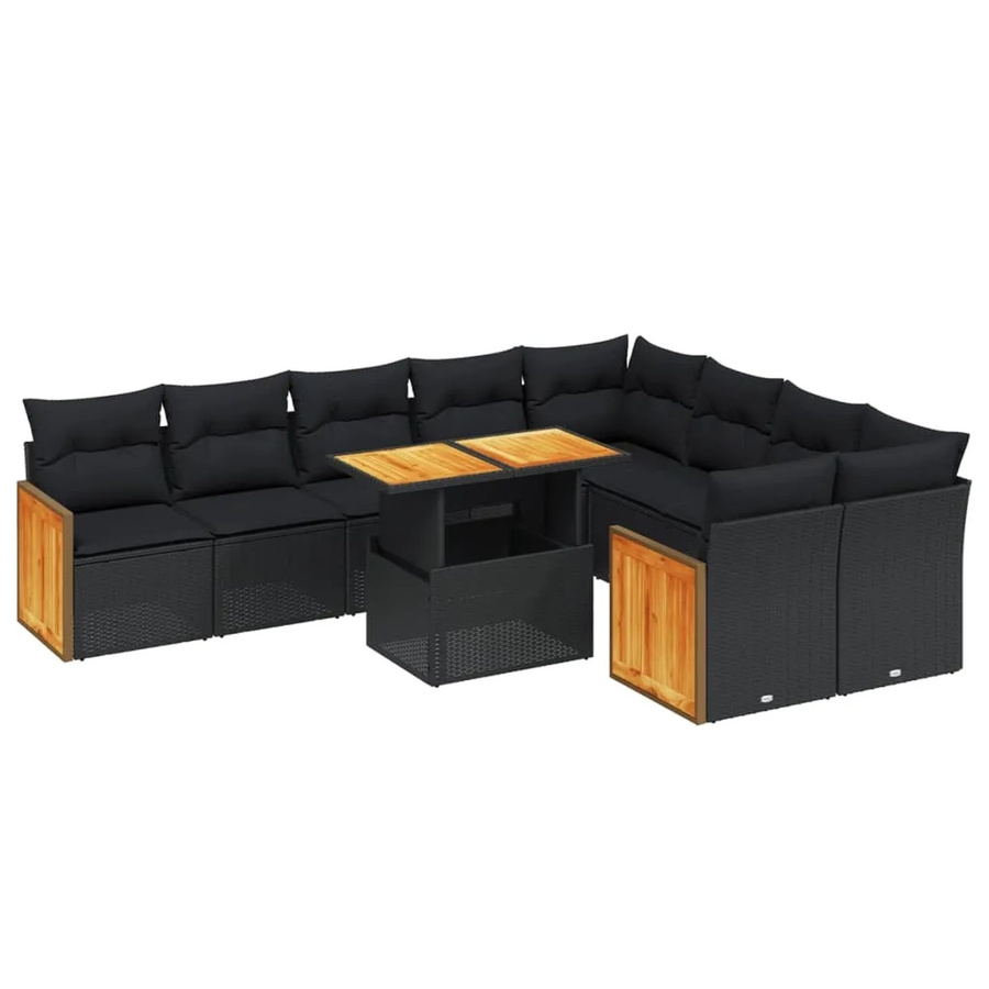 vidaXL 10-teilige Garten-Sofagarnitur aus Poly-Rattan und Akazienholz in Schwarz mit Kissen - Bild 2