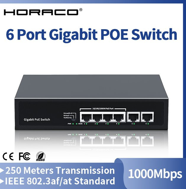 HORACO 6-Port Gigabit PoE-Switch mit 60 W Leistung für IP-Kameras und Überwachung, Schwarz - Bild 1