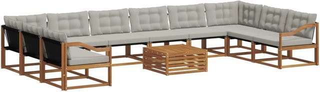 vidaXL Outdoor-Sofagarnitur aus Akazienholz in U-Form mit Textilene und Kissen, 11-teilig, Hellgrau - Bild 1