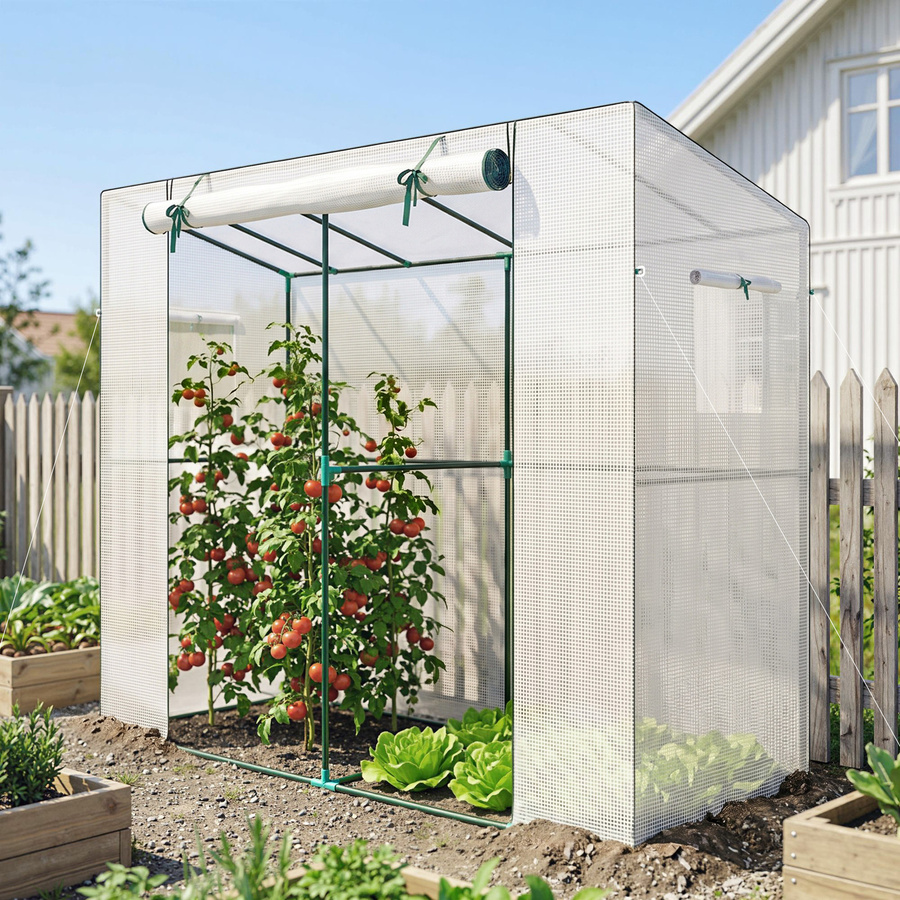 Outsunny Gewächshaus aus Stahl mit Rolltür und 2 Fenstern, winterfestes Foliengewächshaus für Garten und Balkon, Weiß, B/T/H: 200 x 76 x 170 cm - Bild 2