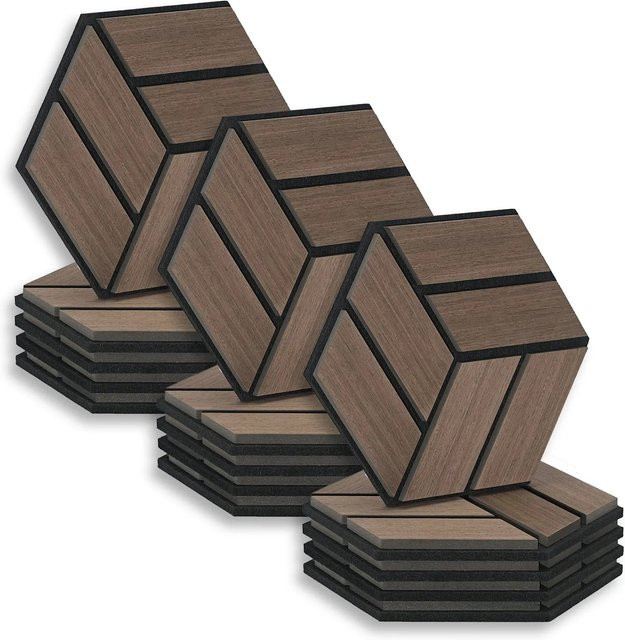 Homestyle4u Akustikpaneele Hexagon Wandpaneele aus Holz und Filz, Braun, 15 Stück, B: 30 cm, H: 26 cm - Bild 1
