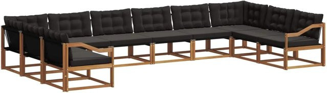 vidaXL Outdoor-Sofagarnitur aus massivem Akazienholz in U-Form, 10-teiliges Set mit Textilene-Bezug und Kissen, Natur und Schwarz - Bild 1