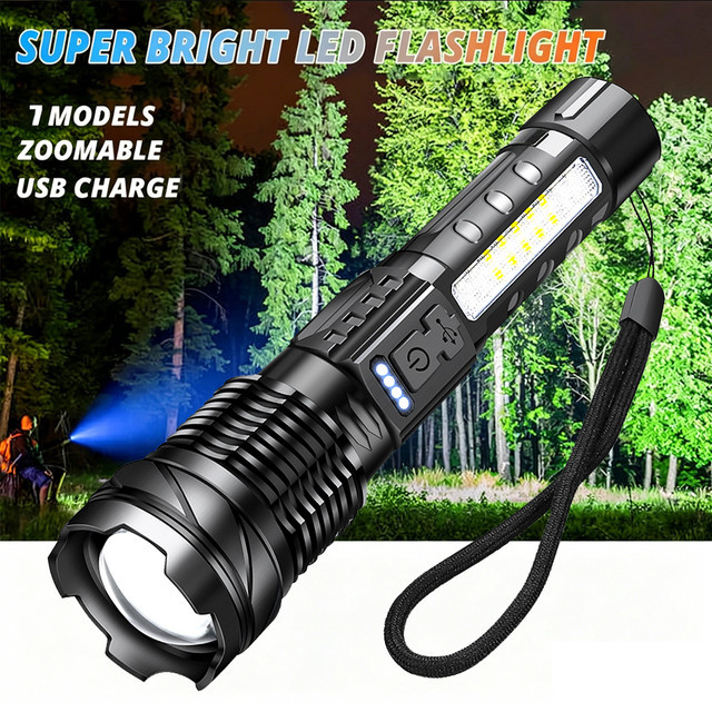 KDULIT LED COB Taschenlampe aus Aluminium, USB wiederaufladbare Hochleistungs-Taschenlampe mit Zoom für Outdoor, Camping und Notfälle, Schwarz - Bild 1
