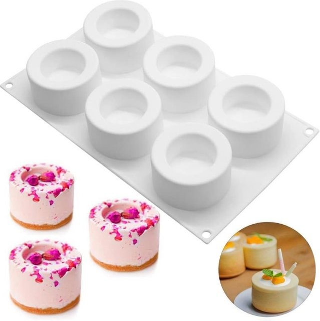 FSMHOME Silikon Mousse-Kuchenform mit 6 Hohlräumen in Zylinderform für Muffin, Schokolade und Eis, Braun und Weiß - Bild 1