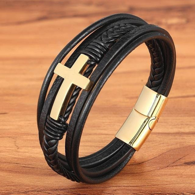 YJSTY Lederarmband Herren, mehrschichtiges Seil, Gold, 19cm - Bild 1